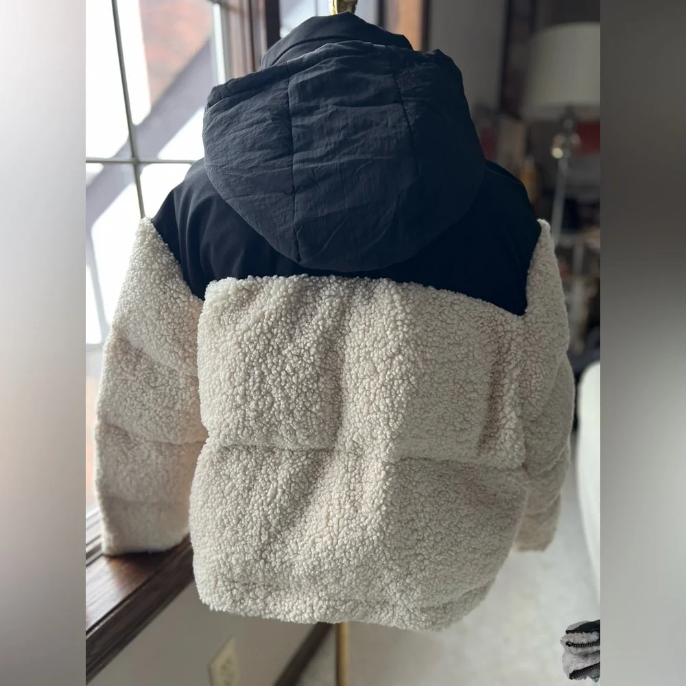 Maje Black Cream High Pile Fleece Faux Shearling Hoodie Puffer Jacket Sz 0 (XS) - Picture 6 of 16